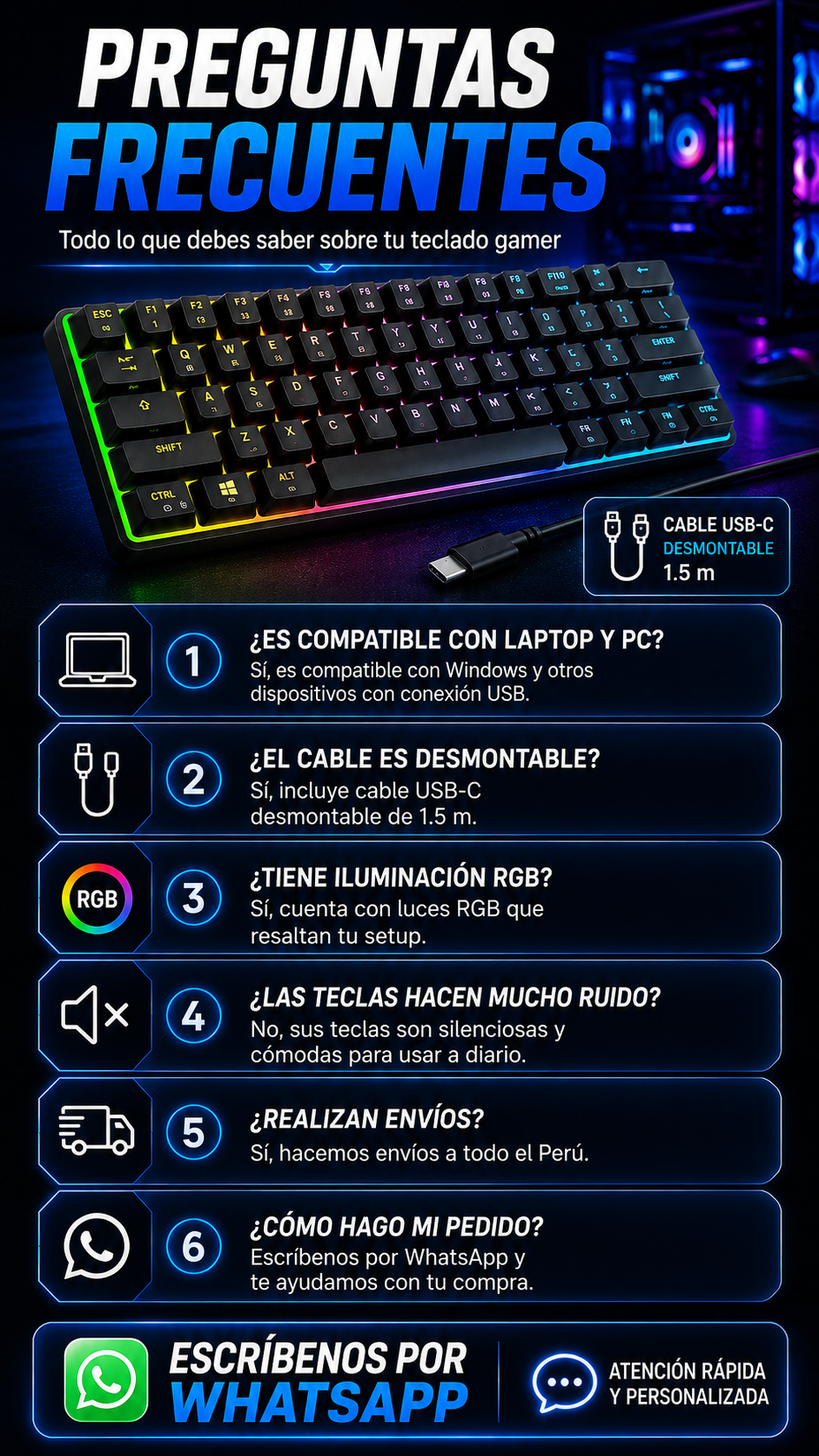 🔥 Teclado Gamer RGB USB-C – Compacto, Silencioso y Plug & Play