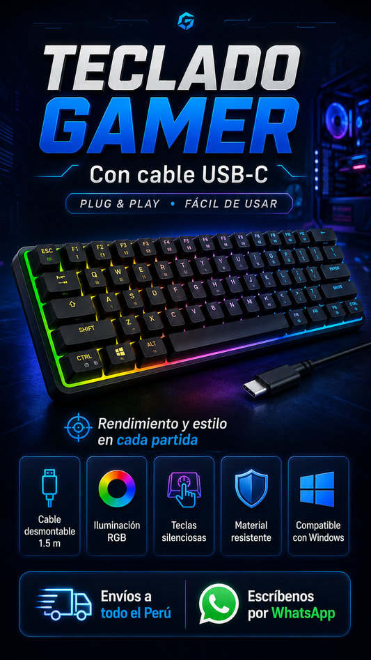 🔥 Teclado Gamer RGB USB-C – Compacto, Silencioso y Plug & Play