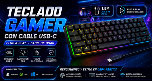 🔥 Teclado Gamer RGB USB-C – Compacto, Silencioso y Plug & Play