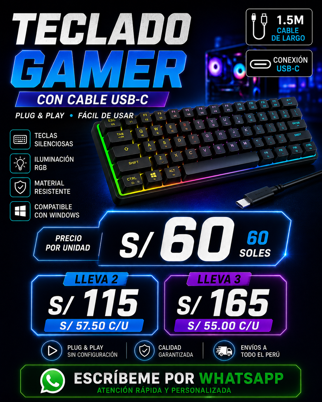 🔥 Teclado Gamer RGB USB-C – Compacto, Silencioso y Plug & Play